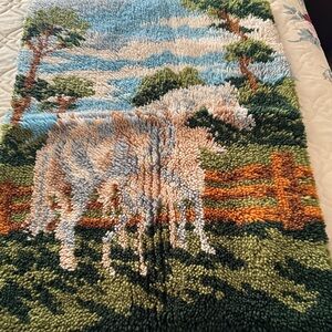 Handmade Lrg Latch Hook Rug Horse and Baby in Pasture Scene in Blue, Green & Tan